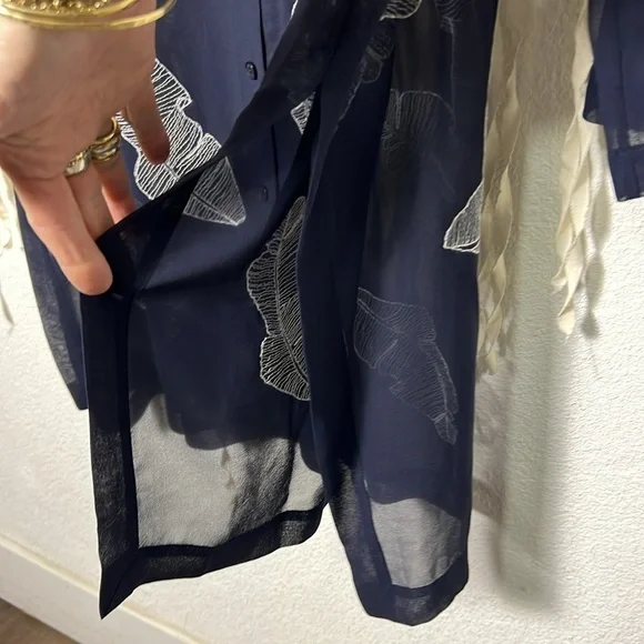 Lafayette 148 New York Kyrie Navy Sheer Silk Georgette Shirt Small